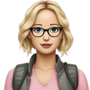 Jennifer Lawrence,  blu eyes wearing glasses and pink kiss sticker