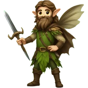Male, forest fairy, fairy wings, long beard, pointed elf ears, long brown hair, vines, holding medieval sword sticker