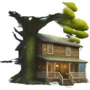  very very big Cabin near a big tree.  Thick moss growing on the roofs. The cabin thick grass fields. porch lights turned off. bright white interior lights turned on. guests sitting in chairs on the porch, flowers and bushes yellow and blue, near Scooby  sticker
