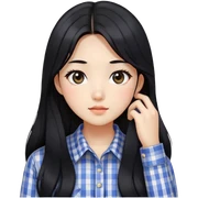Beautiful girl,Black hair,long hair,Black eyes,Korean, check pattern shirts sticker