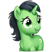 filly from equestria with a green coat and a black dishevelead mane and tail with a cutie mark with a cutie mark sticker