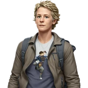 boy in jacket with backpack sticker
