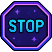 animated stop icon with dark purple, blue, and black base, bright accents, complex gradients, stars, bright neon border, modern clean stop symbol, subtle glowing and moving stars neon effects, sophisticated futuristic style sticker