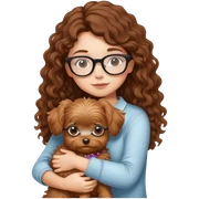 Girl with Brown curly hair and glasses hugging a york  sticker