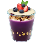 Açaí in a clear cup with layers of fruits and granola and condensed milk sticker