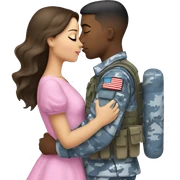 Brunette girl wearing a pink dress kissing a solider boy in blue camouflage  sticker