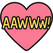 playful text 'AAWWW!' on a pink heart sticker