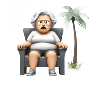 An angry old looking , short fat white lady with grey  hair , with a cigarette in her mouth ,sitting outside next to palm trees , on a grey small plastic chair sticker