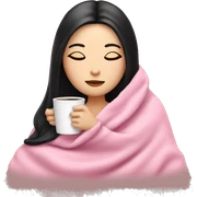 white girl with black straight hair inside a pink blanket sipping coffee eyes closed sticker
