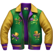 Lettermen jacket in purple, gold and green with the words “Mardi Gras” on the back  sticker