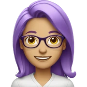 white woman wearing glasses, with purple hair smiling sticker