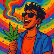 A cool man with rainbow earrings, blowing smoke shaped like a rainbow, holding a weed leaf, energetic and fun, LGBTQ+ pride theme sticker