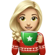 Short haired blonde girl with green eyes drinking coffee wearing Christmas sweater sticker