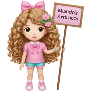 Una muñequita chibi kawai con cabello largo crespo color castaño claro y un moño rosado una blusita rosada con flores un shorts blanco zapatos estilo tenis blancos en sus manos un letrero que diga mundos Artistico Cc  sticker