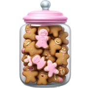 Realistic glass cookie jar with light pink lid full of gingerbread cookies isolated.  sticker