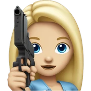 Blonde girl with blue eyes holding a gun sticker
