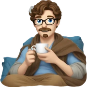 brown hair blue eyes moustache and Soul patch pale guy with glasses drinking tea with blanket on sticker