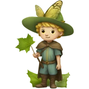 Medieval little whimsical boy who is pale and he has a leaf hat and is riding a butterfly sticker