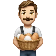 White man with brown hair and a mustache, holding a basket of eggs sticker