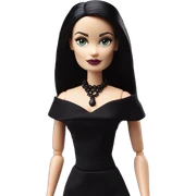 Elegant witch Wednesday Addams Barbie.  Small very light skin face. Earrings with matching necklaces. Long silky raven hair. black flowing strapless tight evening gown neckline that’s off-the-shoulders shows her legs and black high heel shoes.rc car sticker