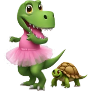 dinosaur wearing a pink tutu while holding a turtle sticker