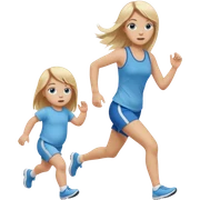 full length of a young woman with long straight dirty blonde hair, side bangs, and blue eyes. She is running behind a 1 year old baby girl sticker