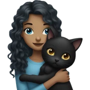girl with gray blue eyes and long curly dark hair hugging black cat sticker