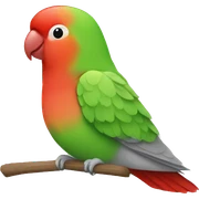Red and green lovebird with a white and gray sticker
