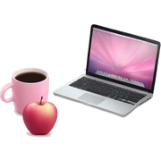 Pink apple computer with coffee and a pink notebook on top of the computer  sticker