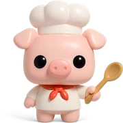 A Funko Pop-style pig chef pointing to the right, wearing a white chef's hat and holding a wooden spoon, cartoonish and cute. sticker