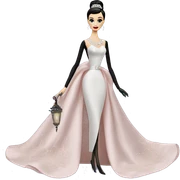 Audrey Hepburn as Sabrina Barbie.Morticia Addams. Show full body. Embroidered long gown with accessories  sticker