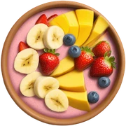 Smoothie bowl topped with strawberries, banana and mango sticker