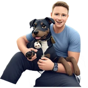 boy sitting with dog outside sticker