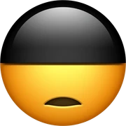 Minimalist circular emoji, top half black and bottom half orange, small black oval mouth, no eyes, flat vector style, smooth edges, light background, soft shadow underneath, simple modern design, high resolution. sticker