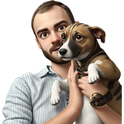 striped shirted boy with dog sticker