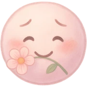 pretty pink emoji face with a flower held gently in its mouth, sweet and bashful expression, soft pastel colors sticker