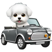 little white fluffy dog ​​driving a gray retro mini cooper 1600 cs sticker
