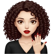 girl, really dark brown hair, curly hair, dark brown eyes, pale skin, dark red lips, medium hair, showing her red nails baddie sticker