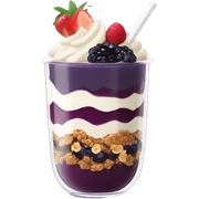 Açaí in a clear cup with layers of fruits and granola and condensed milk sticker