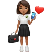Menina pele parda, cabelo liso médio curto preso com presilhade flor branca, roupa modesta, blusa branca e saia preta plissada não curta,  tênis branco celular Samsung a06 capinha vermelha, sorridente com coração em volta sticker