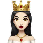 Queen with pale skin, long black hair, bright red lips, skinny gold crown, white dress, and evil stare.  sticker