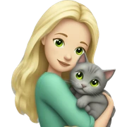 blonde girl with green eyes cuddling grey cat sticker