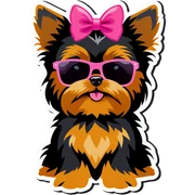 Yorkie with a pink bow in hair with sunglasses sticker
