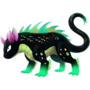 Rare realistic black-scaled neon-glowing bioluminescent edgy badass epic pretty beautiful handsome gorgeous aesthetic colorful vibrant Vernid-Trico-species-Fakemon-creature by LiLaiRa, 4 legs, 1 tail, random markings, (full body) sticker