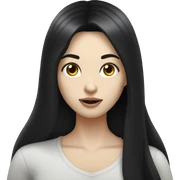 Pale girl with long black hair eating sticker