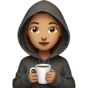 Girl with a hoodie, holding her cup of coffee and booj sticker