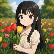 3D anime style girl with long black hair and thin bangs, holding tulips in a garden sticker