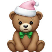 teddy bear with a pale pink christmas hat and a white bow sticker