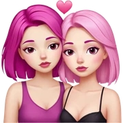 gorgeous pale girl with magenta pink hair latina makeup next to a gorgeous blonde girl with a light pink heart above them in between eyes closed making duck lips faces sticker