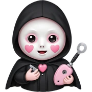 > "Cute chibi Ghostface with big shiny eyes, blush on mask, small rounded body, black cloak with heart buttons, holding a toy knife or pink phone. Pastel colors, kawaii style, soft sparkly background." sticker